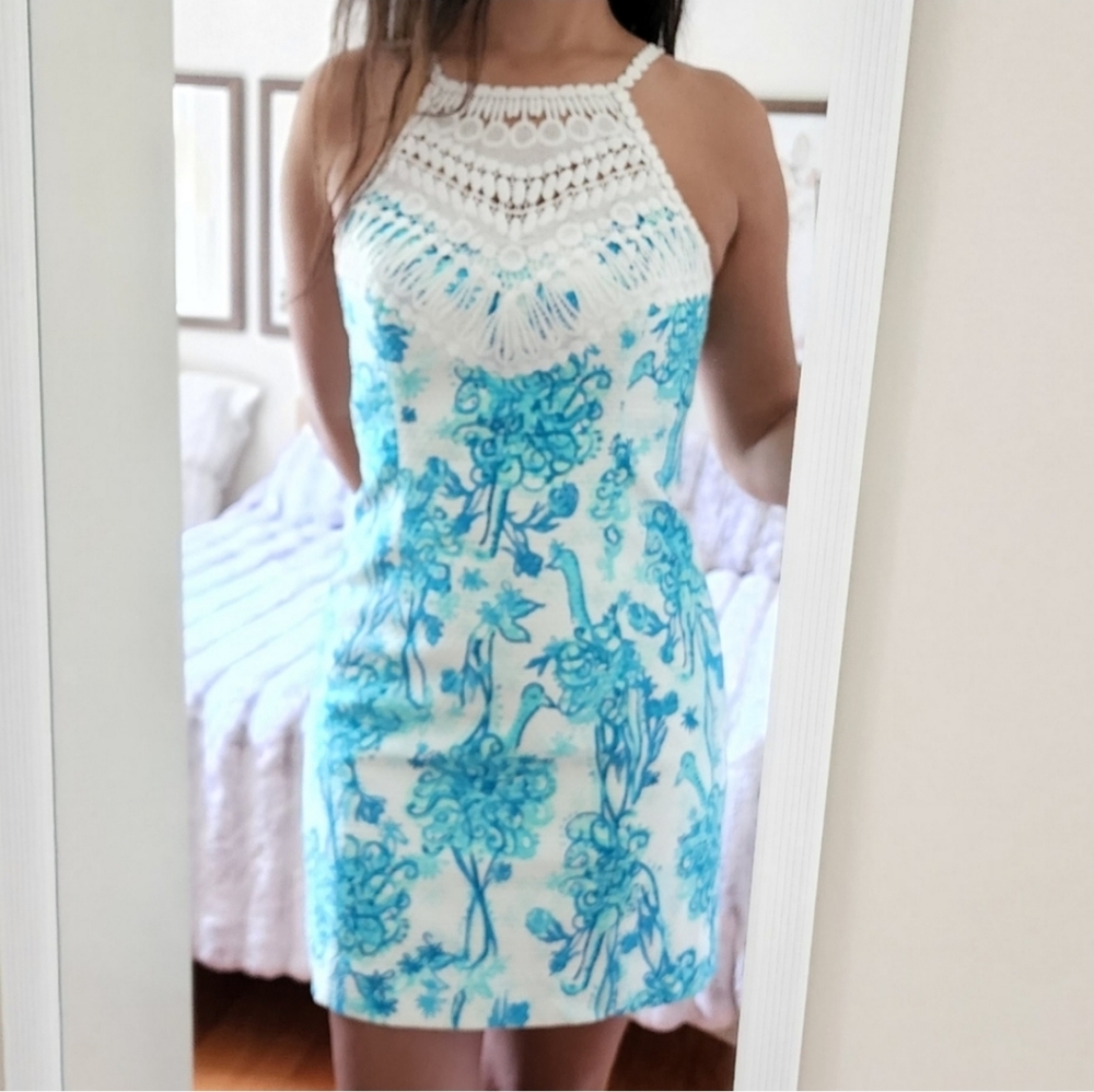 Lilly Pulitzer Blue & White Ostrich Pearl Lace Sleeveless Tank Dress Size 4